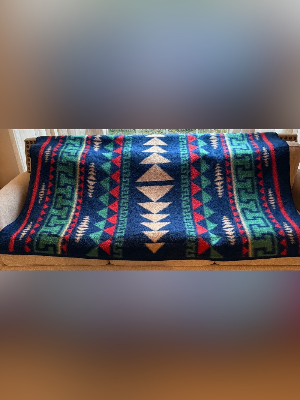 Vintage Biederlack Aztec Print Navy Red Tan Geometric Blanket 54x72 GUC